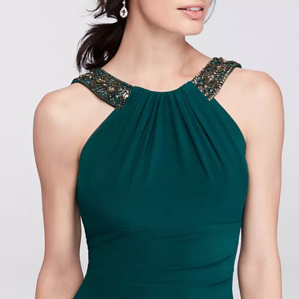 David's Bridal Emerald Dress with Embellished Neckline
